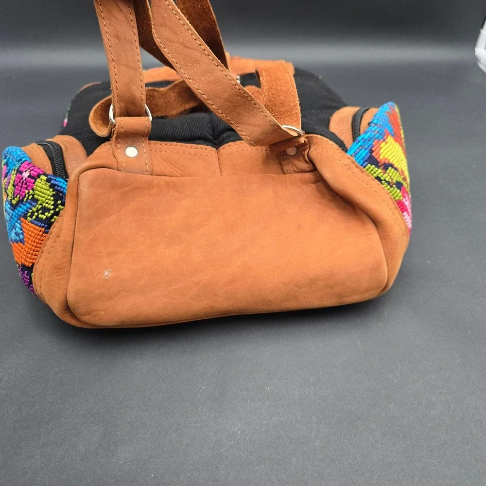 Guatemalan Huipil Hand Woven Bird Tapestry Floral Boho Bag Backpack Leather